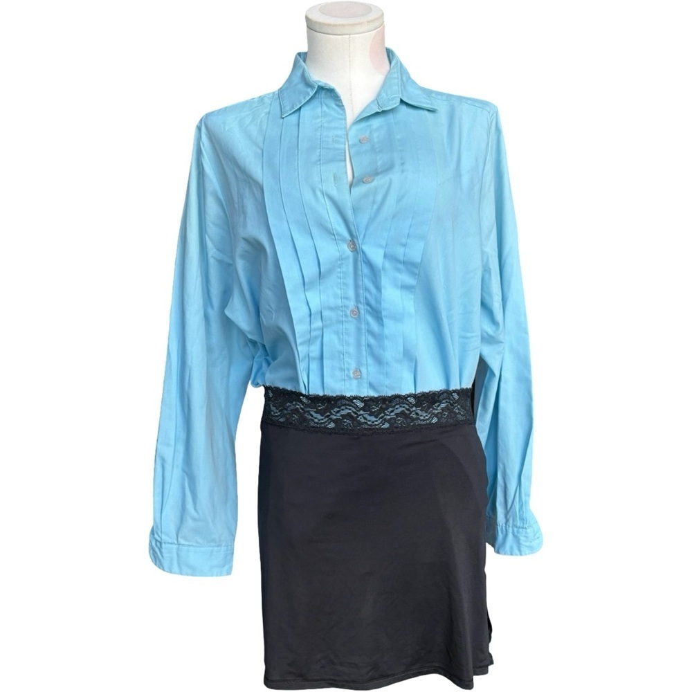 vintage Pleated Front Tuxedo Button-Up Blouse – Light Blue – 14 – 1980s